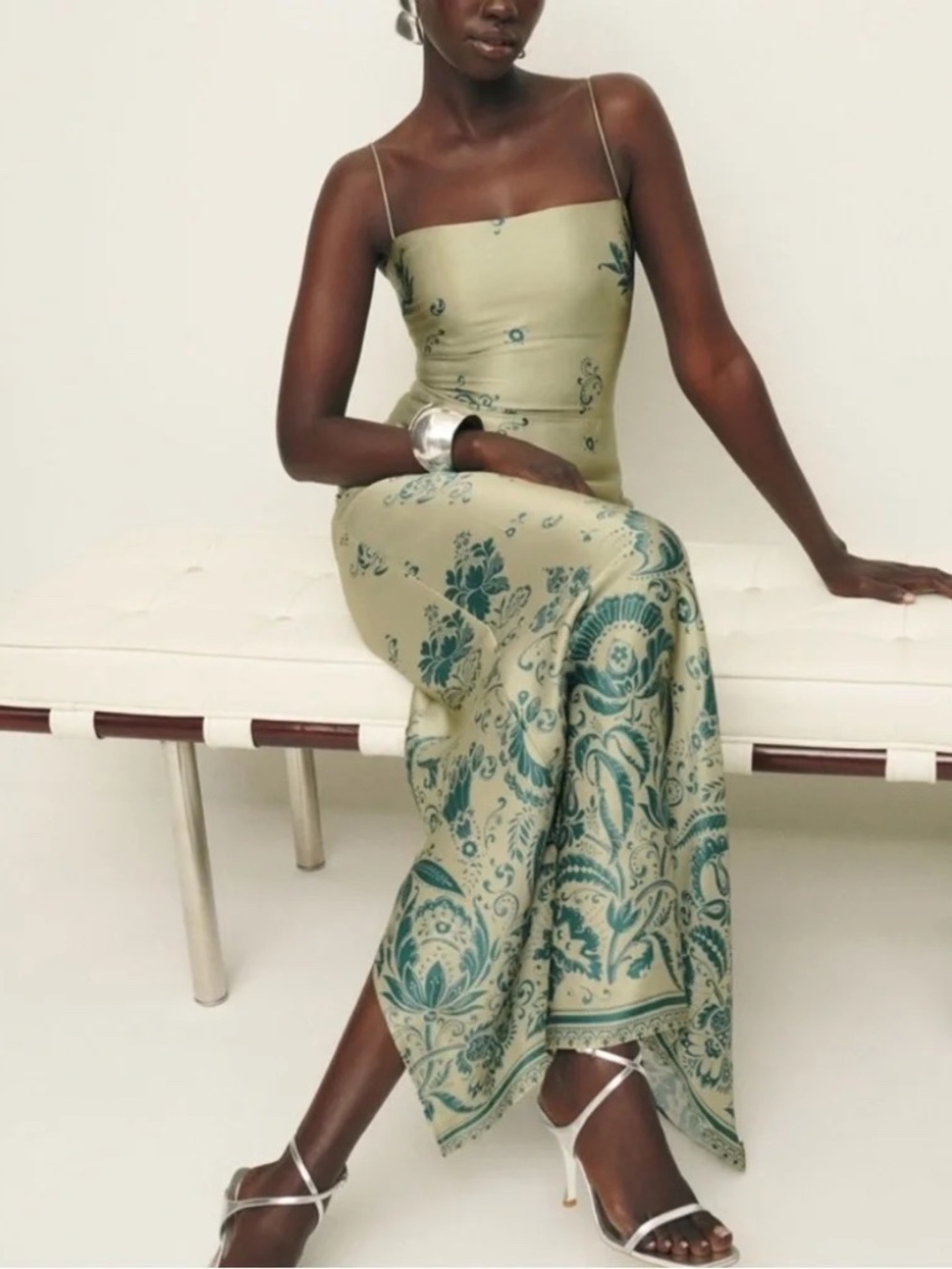 Reformation Frankie Silk Slip Dress in Sage Border